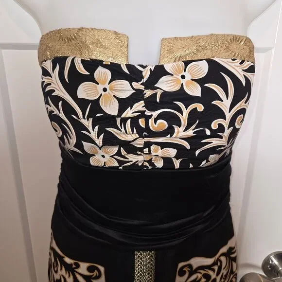 Nicole Miller Black & Gold Silk Floral Filigree Strapless Dress Gown Size 10 - Picture 3 of 10